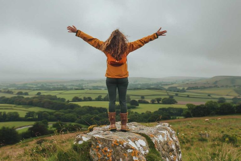Woman in comfortable outdoor clothing proudly standing on top of a hill in the countryside.