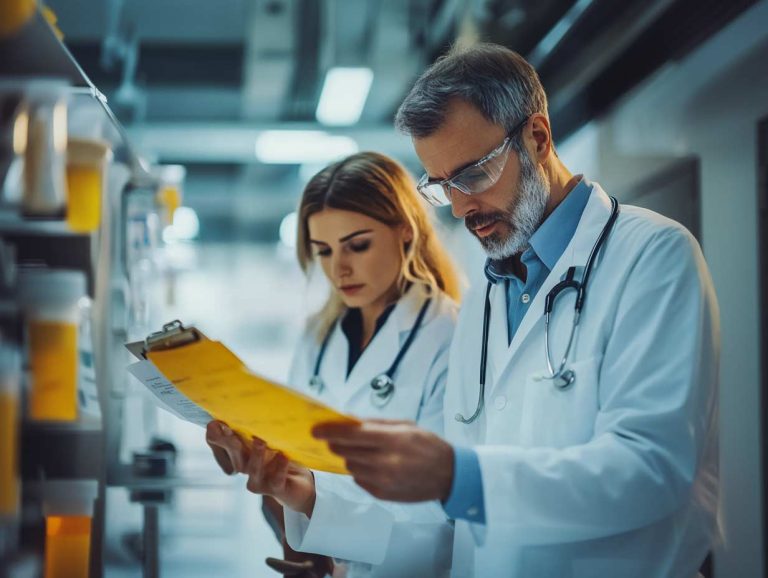 two clinicians looking at data from clinical trials